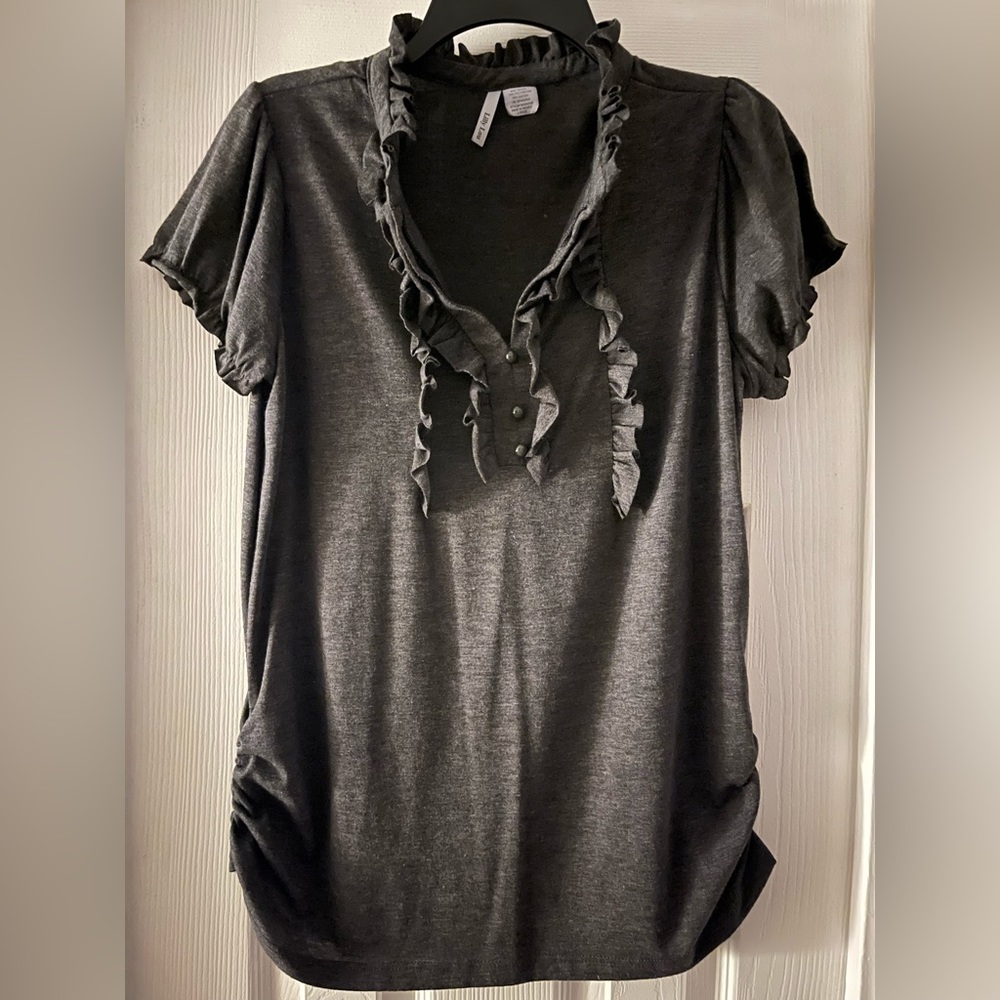 Gray short sleeve blouse with ruffles and cinched sides